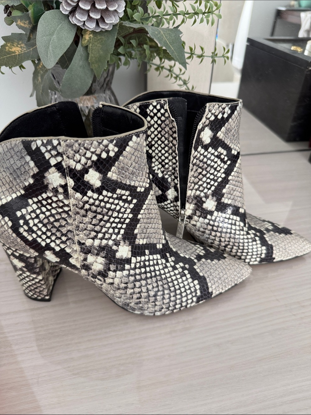 NWOT- Snake-Print Pointed Toe Ankle leather Boots - Black & White
